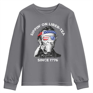 Funny 4th Of July Youth Sweatshirt Sippin On Liber Tea Liberty Abe Lincoln 1776 USA Flag TS10 Charcoal Print Your Wear