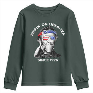 Funny 4th Of July Youth Sweatshirt Sippin On Liber Tea Liberty Abe Lincoln 1776 USA Flag TS10 Dark Forest Green Print Your Wear