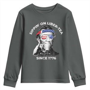 Funny 4th Of July Youth Sweatshirt Sippin On Liber Tea Liberty Abe Lincoln 1776 USA Flag TS10 Dark Heather Print Your Wear
