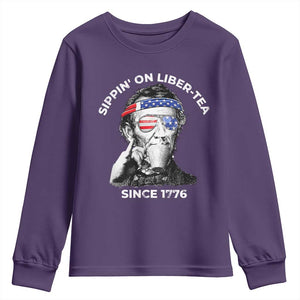 Funny 4th Of July Youth Sweatshirt Sippin On Liber Tea Liberty Abe Lincoln 1776 USA Flag TS10 Purple Print Your Wear