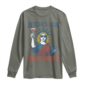 Funny 4th of July Statue of Liberty Cocktail Long Sleeve Shirt Retro Bitches Love Independence TS02 Military Green Print Your Wear