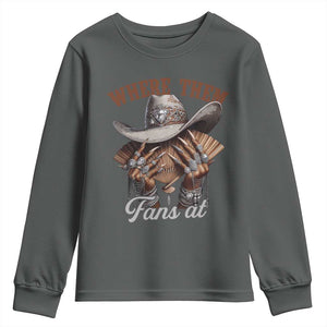 Funny African American Cowgirl Youth Sweatshirt Where Them Fans At Cowboy Hat TS11 Dark Heather Print Your Wear
