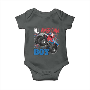 Funny All American Boy 4th Of July Baby Onesie Monster Trucks American Flag Fireworks TS11 Dark Heather Print Your Wear