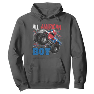 Funny All American Boy 4th Of July Hoodie Monster Trucks American Flag Fireworks TS11 Dark Heather Print Your Wear