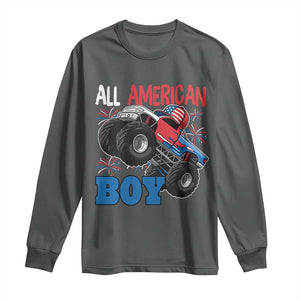 Funny All American Boy 4th Of July Long Sleeve Shirt Monster Trucks American Flag Fireworks TS11 Dark Heather Print Your Wear