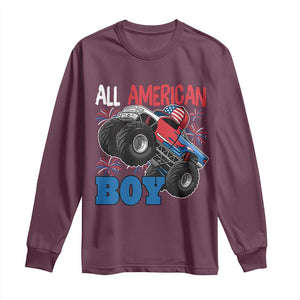 Funny All American Boy 4th Of July Long Sleeve Shirt Monster Trucks American Flag Fireworks TS11 Maroon Print Your Wear