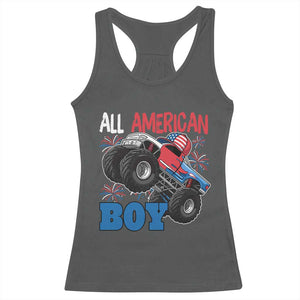 Funny All American Boy 4th Of July Racerback Tank Top Monster Trucks American Flag Fireworks TS11 Dark Heather Print Your Wear