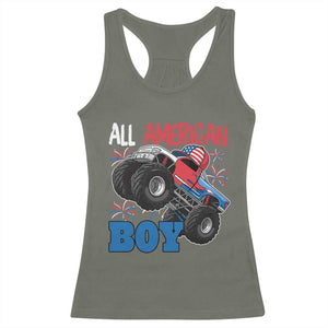 Funny All American Boy 4th Of July Racerback Tank Top Monster Trucks American Flag Fireworks TS11 Military Green Print Your Wear
