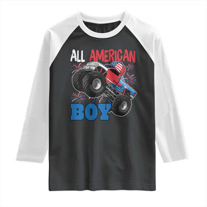 Funny All American Boy 4th Of July Raglan Shirt Monster Trucks American Flag Fireworks TS11 Black White Print Your Wear