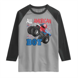 Funny All American Boy 4th Of July Raglan Shirt Monster Trucks American Flag Fireworks TS11 Sport Gray Black Print Your Wear