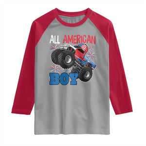 Funny All American Boy 4th Of July Raglan Shirt Monster Trucks American Flag Fireworks TS11 Sport Gray Red Print Your Wear