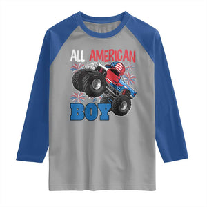 Funny All American Boy 4th Of July Raglan Shirt Monster Trucks American Flag Fireworks TS11 Sport Gray Royal Print Your Wear