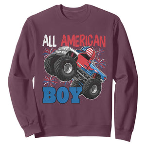 Funny All American Boy 4th Of July Sweatshirt Monster Trucks American Flag Fireworks TS11 Maroon Print Your Wear