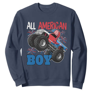 Funny All American Boy 4th Of July Sweatshirt Monster Trucks American Flag Fireworks TS11 Navy Print Your Wear