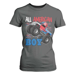 Funny All American Boy 4th Of July T Shirt For Women Monster Trucks American Flag Fireworks TS11 Dark Heather Print Your Wear
