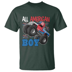 Funny All American Boy 4th Of July T Shirt Monster Trucks American Flag Fireworks TS11 Dark Forest Green Print Your Wear