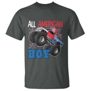 Funny All American Boy 4th Of July T Shirt Monster Trucks American Flag Fireworks TS11 Dark Heather Print Your Wear