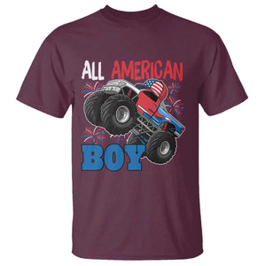 Funny All American Boy 4th Of July T Shirt Monster Trucks American Flag Fireworks TS11 Maroon Print Your Wear
