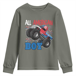 Funny All American Boy 4th Of July Youth Sweatshirt Monster Trucks American Flag Fireworks TS11 Military Green Print Your Wear