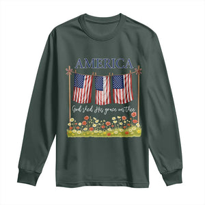 Funny America God Shed His Grace On Thee Long Sleeve Shirt 4th Of July Christian American Flag TS11 Dark Forest Green Print Your Wear