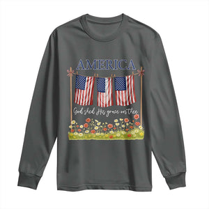 Funny America God Shed His Grace On Thee Long Sleeve Shirt 4th Of July Christian American Flag TS11 Dark Heather Print Your Wear