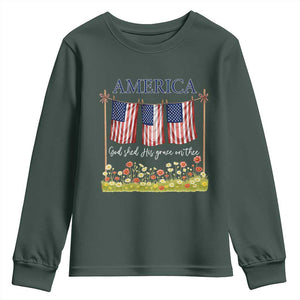 Funny America God Shed His Grace On Thee Youth Sweatshirt 4th Of July Christian American Flag TS11 Dark Forest Green Print Your Wear