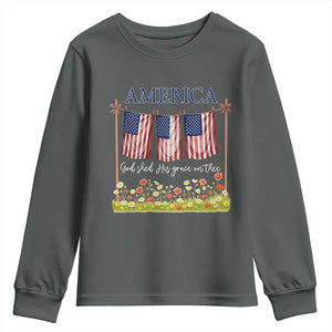 Funny America God Shed His Grace On Thee Youth Sweatshirt 4th Of July Christian American Flag TS11 Dark Heather Print Your Wear