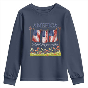 Funny America God Shed His Grace On Thee Youth Sweatshirt 4th Of July Christian American Flag TS11 Navy Print Your Wear