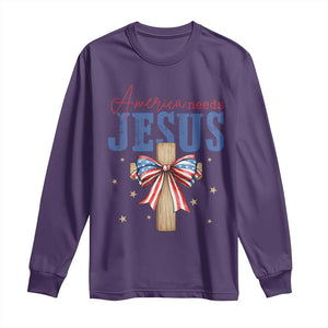 Funny America Needs Jesus Long Sleeve Shirt 4th Of July Patriotic Christian Coquette Bow TS11 Purple Print Your Wear