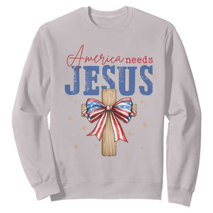 Funny America Needs Jesus Sweatshirt 4th Of July Patriotic Christian Coquette Bow TS11 Ice Gray Print Your Wear