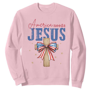 Funny America Needs Jesus Sweatshirt 4th Of July Patriotic Christian Coquette Bow TS11 Light Pink Print Your Wear