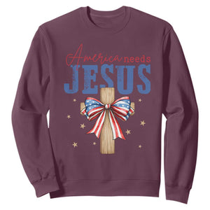Funny America Needs Jesus Sweatshirt 4th Of July Patriotic Christian Coquette Bow TS11 Maroon Print Your Wear