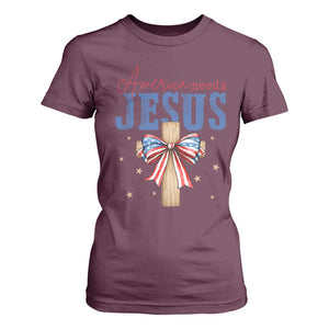 Funny America Needs Jesus T Shirt For Women 4th Of July Patriotic Christian Coquette Bow TS11 Maroon Print Your Wear