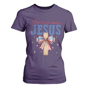 Funny America Needs Jesus T Shirt For Women 4th Of July Patriotic Christian Coquette Bow TS11 Purple Print Your Wear