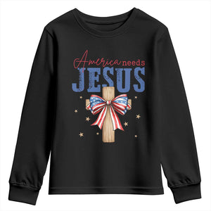 Funny America Needs Jesus Youth Sweatshirt 4th Of July Patriotic Christian Coquette Bow TS11 Black Print Your Wear