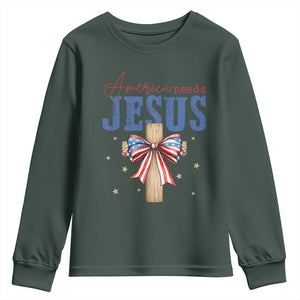 Funny America Needs Jesus Youth Sweatshirt 4th Of July Patriotic Christian Coquette Bow TS11 Dark Forest Green Print Your Wear