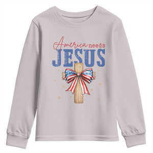 Funny America Needs Jesus Youth Sweatshirt 4th Of July Patriotic Christian Coquette Bow TS11 Ice Gray Print Your Wear