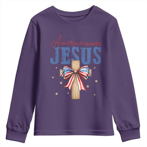 Funny America Needs Jesus Youth Sweatshirt 4th Of July Patriotic Christian Coquette Bow TS11 Purple Print Your Wear