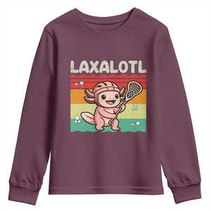 Funny Axolotl Lacrosse LAX Laxalotl Youth Sweatshirt Lacrosse Player Retro Vintage TS11 Maroon Print Your Wear