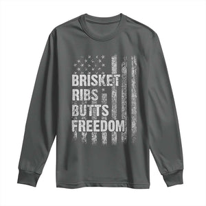 Funny BBQ Brisket Ribs Butts Freedom Long Sleeve Shirt 4th Of July Meat Smoking American Flag TS11 Dark Heather Print Your Wear