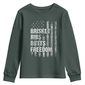 Funny BBQ Brisket Ribs Butts Freedom Youth Sweatshirt 4th Of July Meat Smoking American Flag TS11 Dark Forest Green Print Your Wear