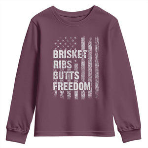 Funny BBQ Brisket Ribs Butts Freedom Youth Sweatshirt 4th Of July Meat Smoking American Flag TS11 Maroon Print Your Wear