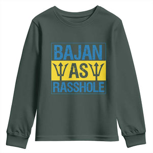 Funny Bajan As Rasshole Youth Sweatshirt Barbados Flag With Barbados Tridents TS11 Dark Forest Green Print Your Wear