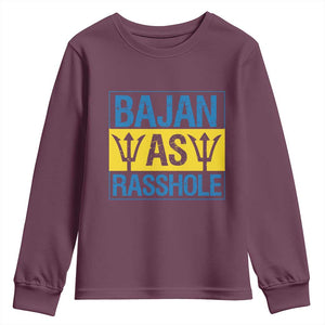 Funny Bajan As Rasshole Youth Sweatshirt Barbados Flag With Barbados Tridents TS11 Maroon Print Your Wear
