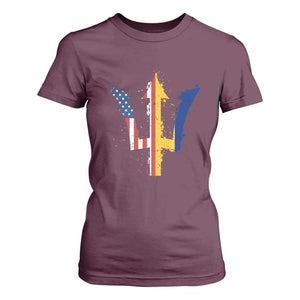 Funny Barbadian American Pride Barbados USA Flag Trident T Shirt For Women TS11 Maroon Print Your Wear