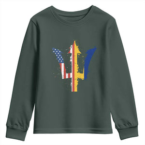 Funny Barbadian American Pride Barbados USA Flag Trident Youth Sweatshirt TS11 Dark Forest Green Print Your Wear