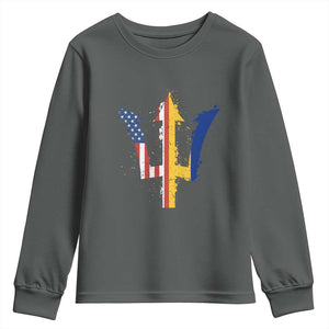 Funny Barbadian American Pride Barbados USA Flag Trident Youth Sweatshirt TS11 Dark Heather Print Your Wear
