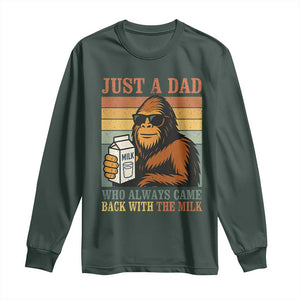 Funny Bigfoot Dad Long Sleeve Shirt Just A Dad Who Always Came Back With The Milk Retro Father's Day TS02 Dark Forest Green Print Your Wear