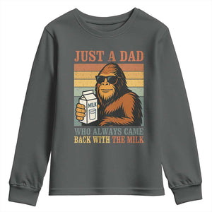 Funny Bigfoot Dad Youth Sweatshirt Just A Dad Who Always Came Back With The Milk Retro Father's Day TS02 Dark Heather Print Your Wear
