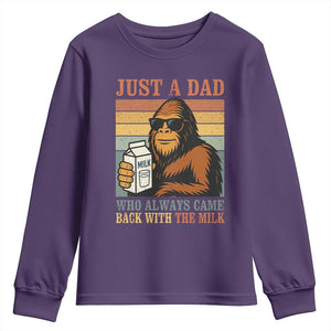 Funny Bigfoot Dad Youth Sweatshirt Just A Dad Who Always Came Back With The Milk Retro Father's Day TS02 Purple Print Your Wear